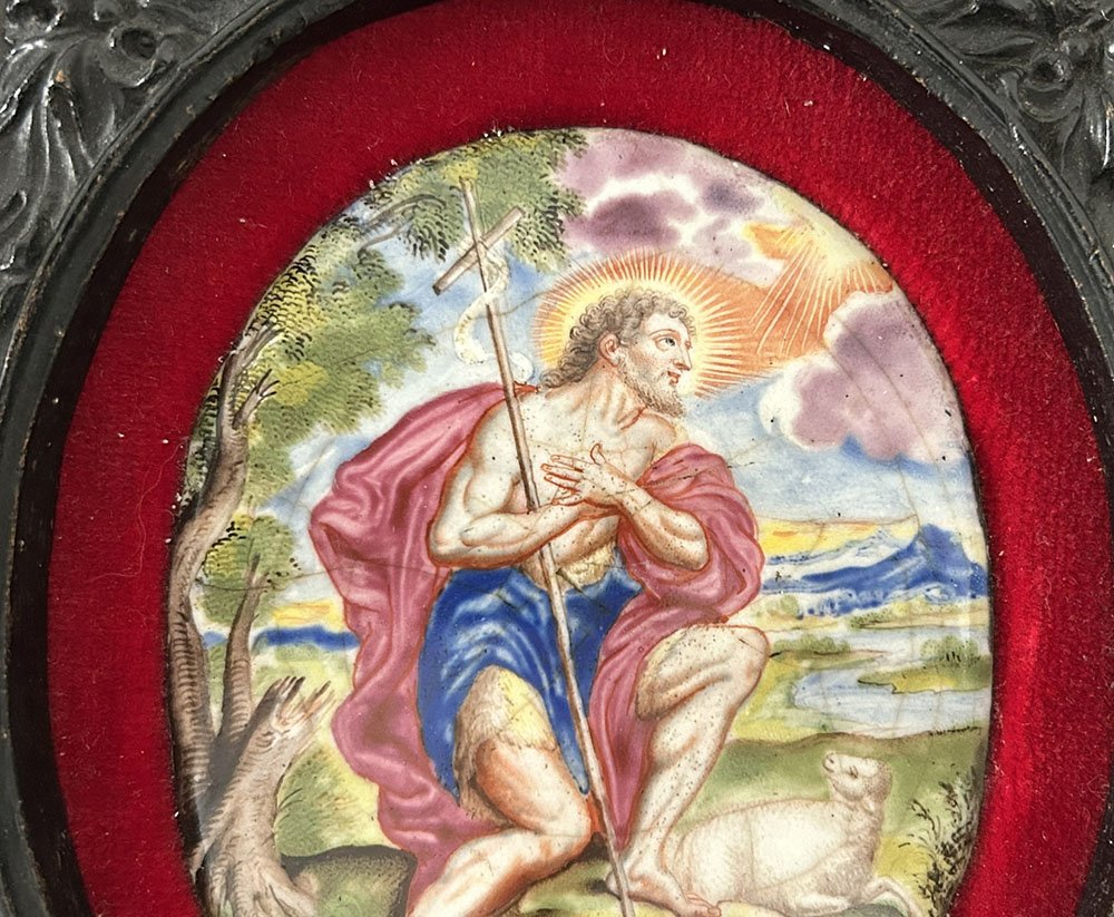 Plaque ovale émail peint Limoges portrait Saint Jean-Baptiste agneau XVIIIè-photo-6