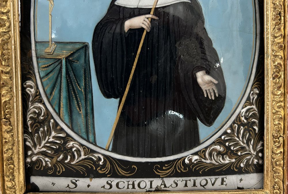 Plaque ovale émail Jacques Laudin Limoges portrait Sainte Scholastique 17è-photo-2