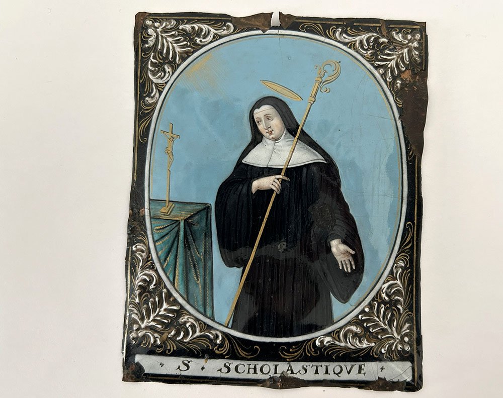 Plaque ovale émail Jacques Laudin Limoges portrait Sainte Scholastique 17è-photo-6