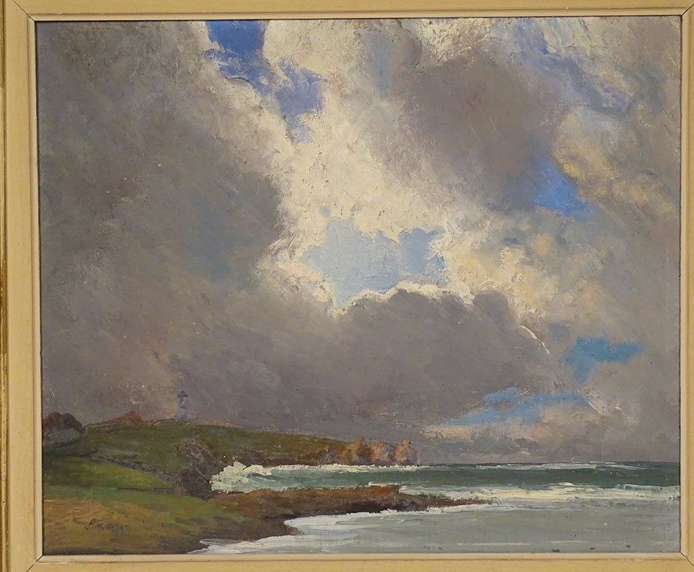 Hst Painting: Seascape By Pm Colat, Seaside Landscape In Brittany, Cliffs, Lighthouse, 20th Century-photo-2