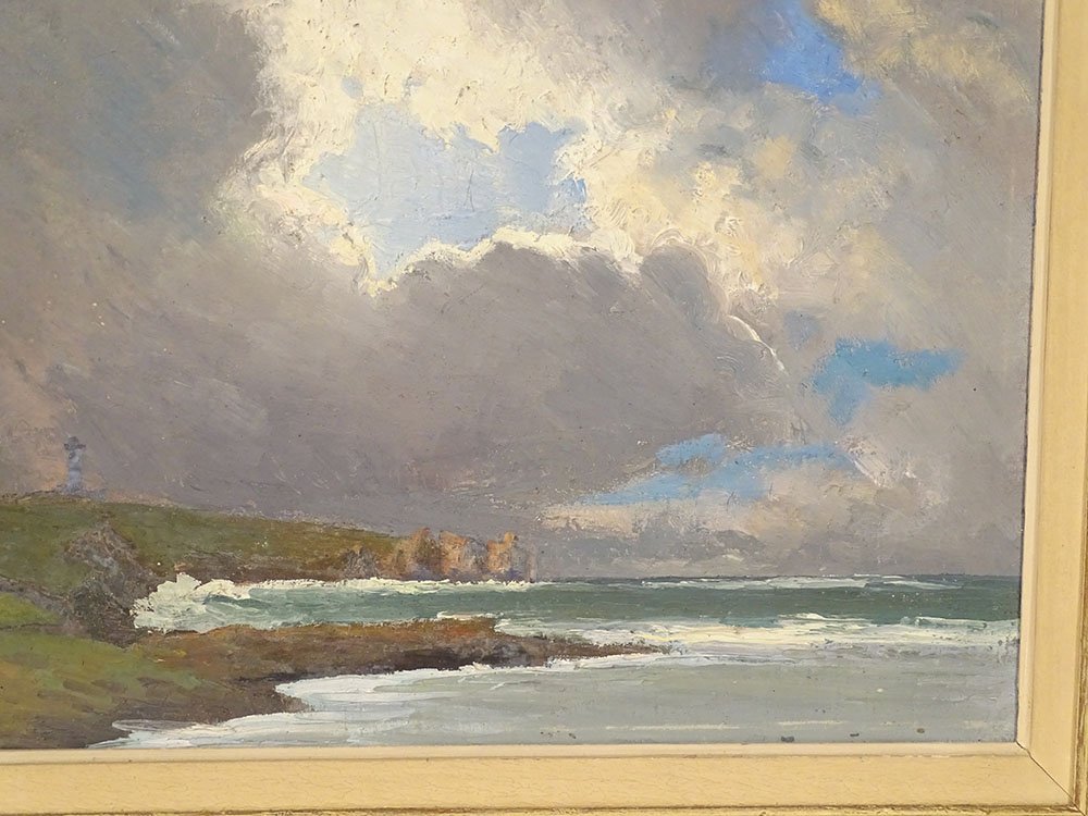 Hst Painting: Seascape By Pm Colat, Seaside Landscape In Brittany, Cliffs, Lighthouse, 20th Century-photo-1