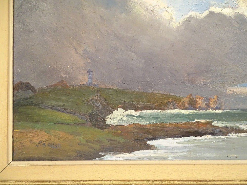Hst Painting: Seascape By Pm Colat, Seaside Landscape In Brittany, Cliffs, Lighthouse, 20th Century-photo-2