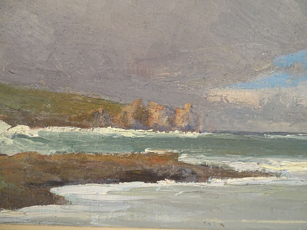 Hst Painting: Seascape By Pm Colat, Seaside Landscape In Brittany, Cliffs, Lighthouse, 20th Century-photo-3