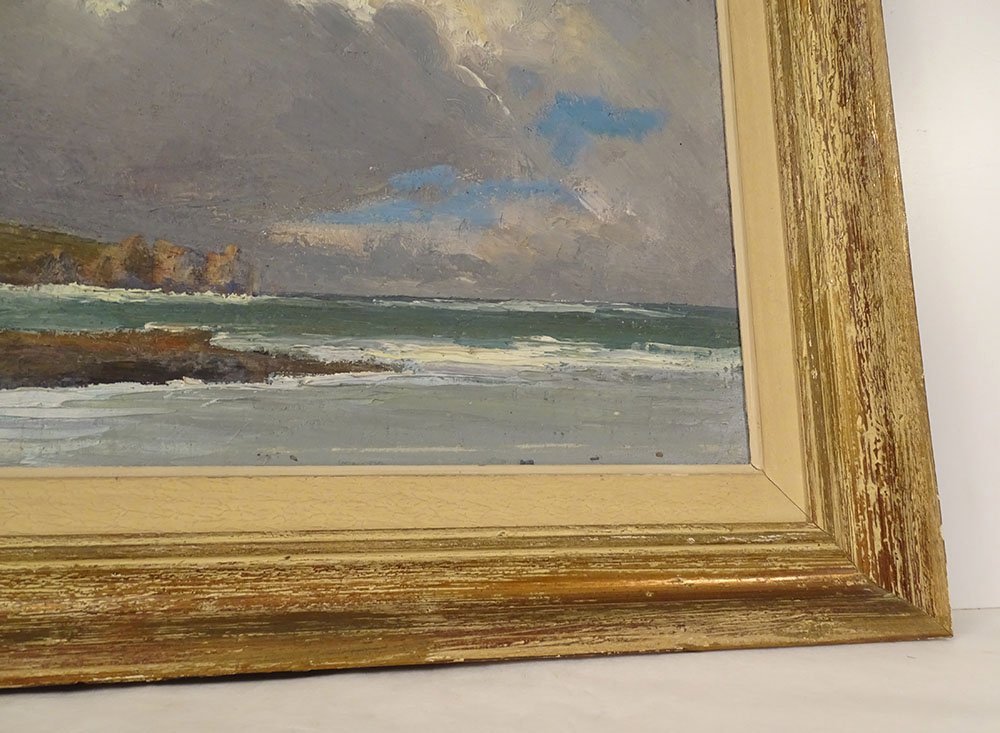 Hst Painting: Seascape By Pm Colat, Seaside Landscape In Brittany, Cliffs, Lighthouse, 20th Century-photo-6