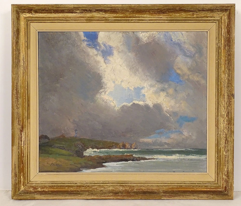 Hst Painting: Seascape By Pm Colat, Seaside Landscape In Brittany, Cliffs, Lighthouse, 20th Century