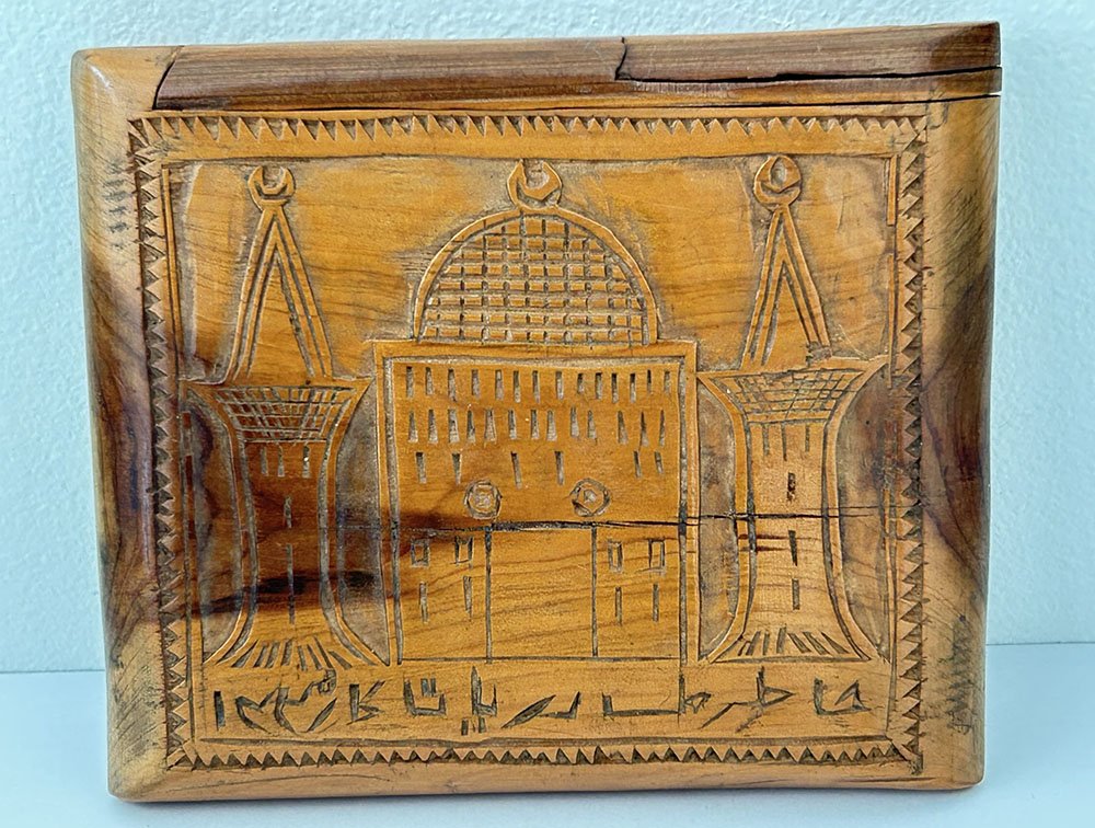 Tabatière turque ottomane bois sculpté mosquée trophée d'armes étoiles XIXè-photo-2