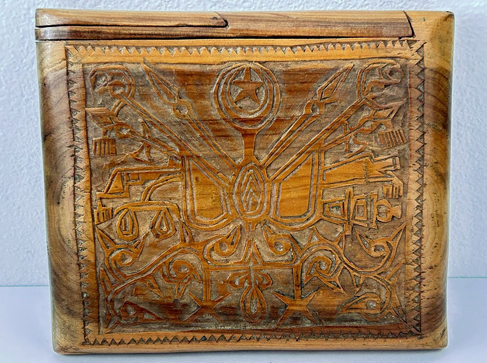 Tabatière turque ottomane bois sculpté mosquée trophée d'armes étoiles XIXè