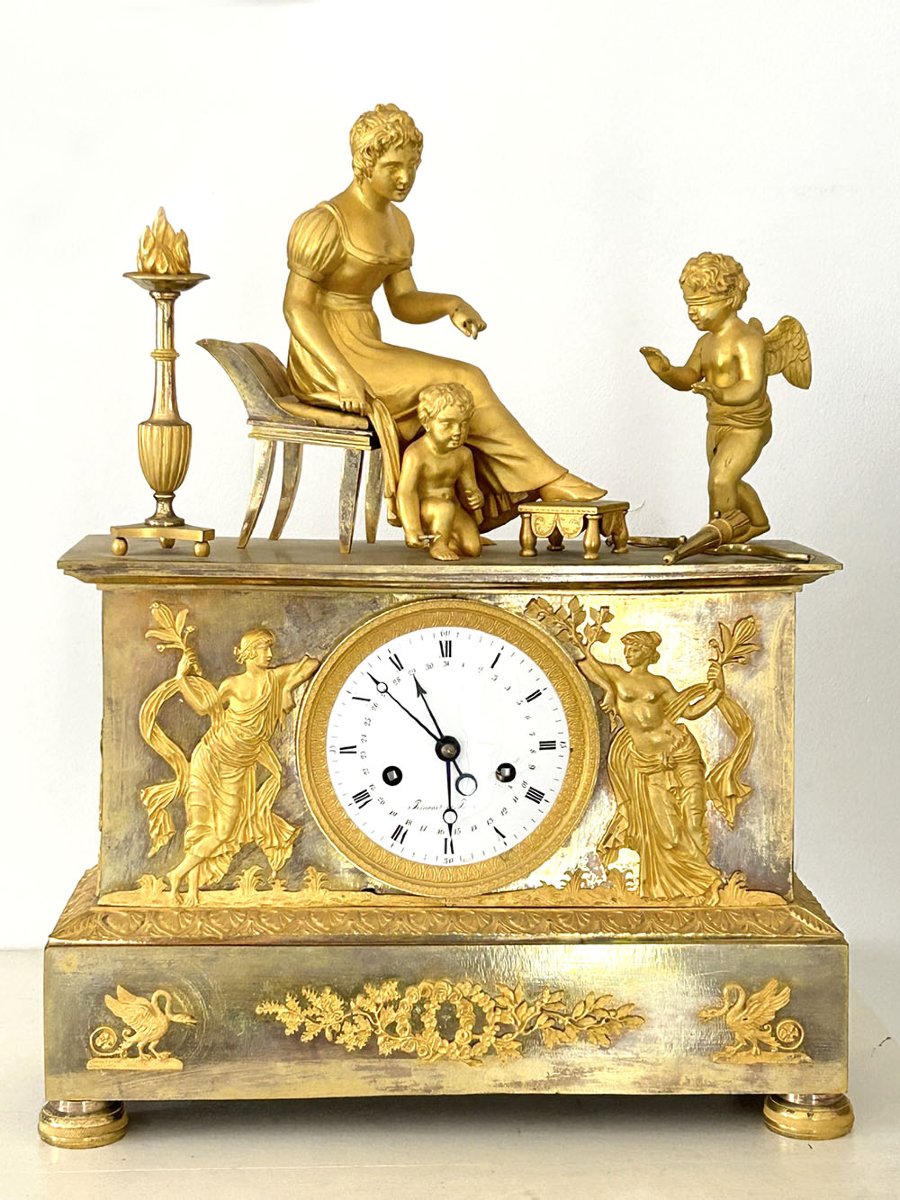 Pendule Empire bronze doré Vénus Cupidon aveugle Antéros Renaux Paris XIXè