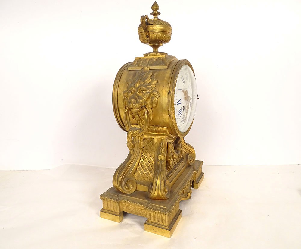 Louis XVI-style Gilded Bronze Clock With Lion-muzzle Cups By Gorini, Napoleon III Period, 19th Century-photo-1