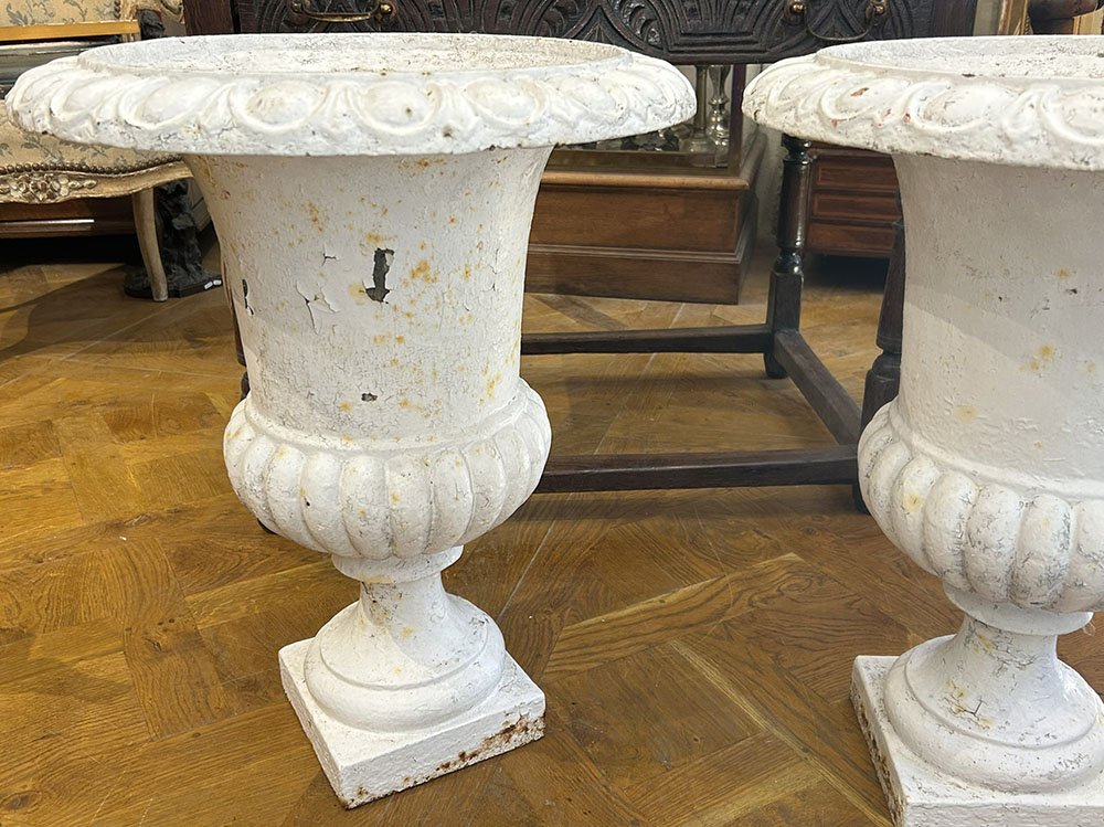 Pair Of Medici-style Cast-iron Vases, Painted, Garden Basins, 19th Century-photo-2