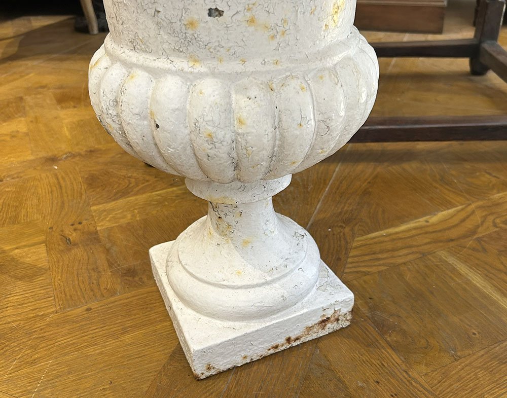 Pair Of Medici-style Cast-iron Vases, Painted, Garden Basins, 19th Century-photo-4