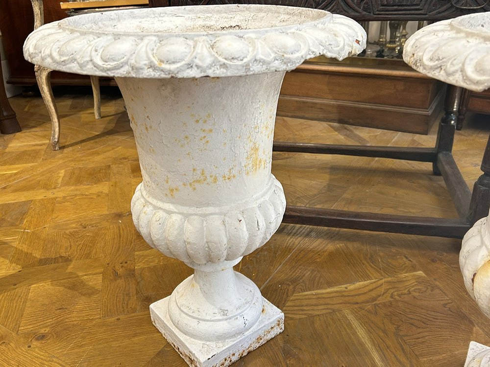 Pair Of Medici-style Cast-iron Vases, Painted, Garden Basins, 19th Century-photo-5
