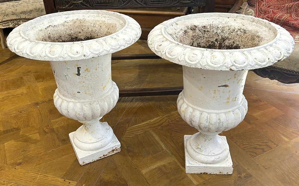 Pair Of Medici-style Cast-iron Vases, Painted, Garden Basins, 19th Century