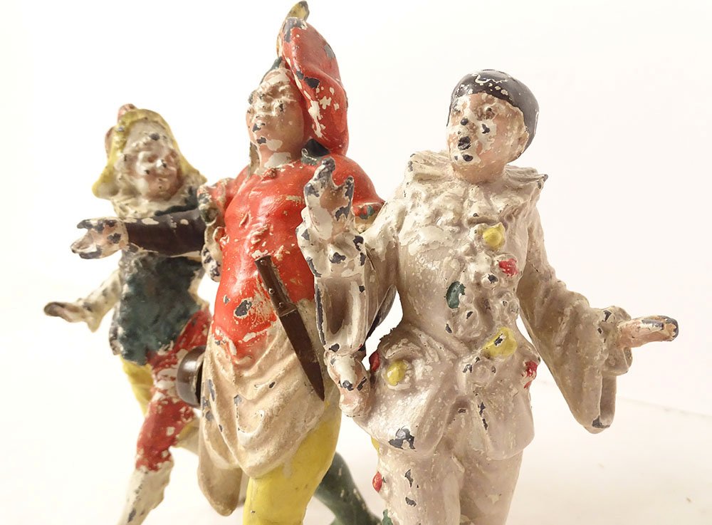 Small Group Sculpture Of Carnival Characters (pierrot), Polychrome Lead, 19th Century-photo-2