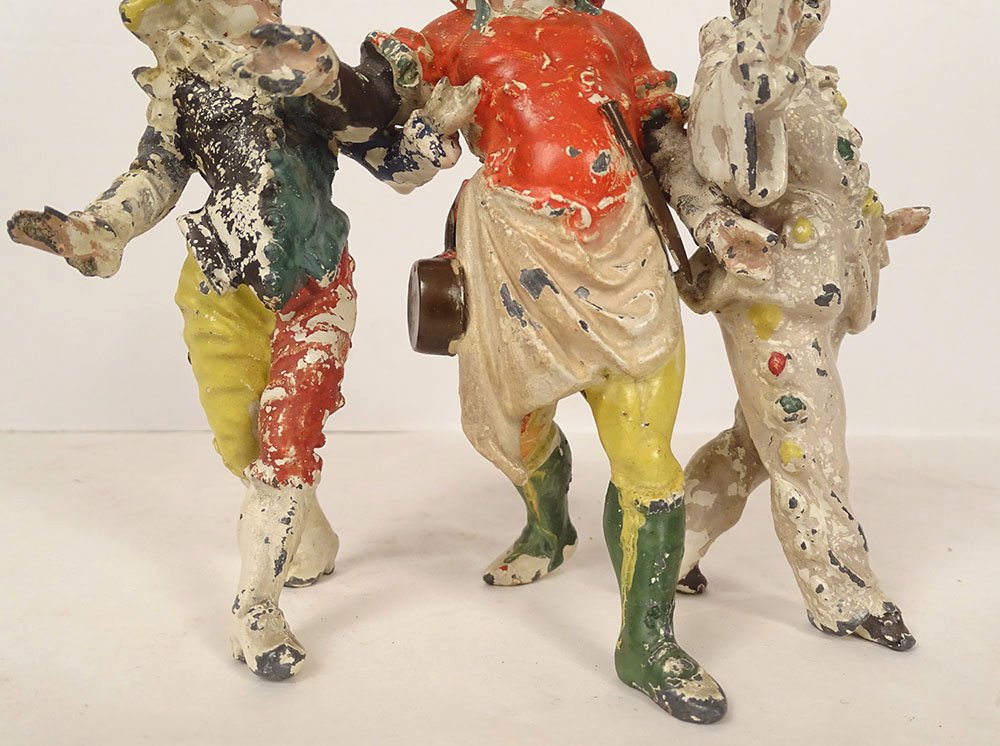 Small Group Sculpture Of Carnival Characters (pierrot), Polychrome Lead, 19th Century-photo-3