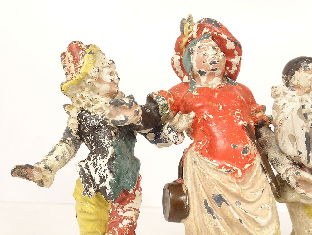 Small Group Sculpture Of Carnival Characters (pierrot), Polychrome Lead, 19th Century-photo-4