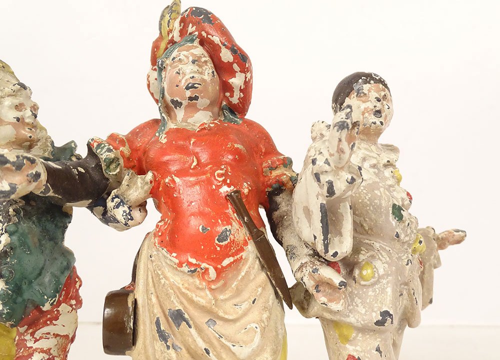 Small Group Sculpture Of Carnival Characters (pierrot), Polychrome Lead, 19th Century-photo-1