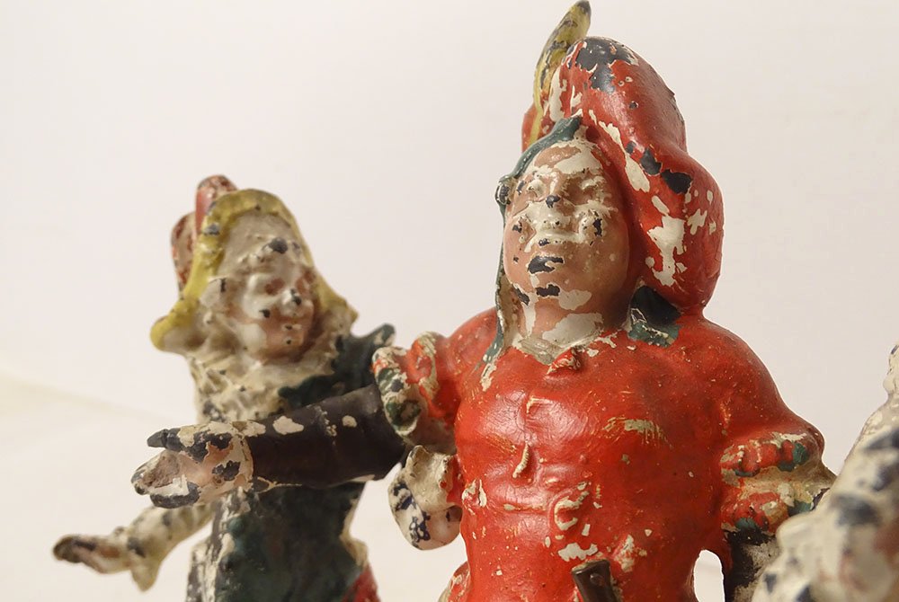 Small Group Sculpture Of Carnival Characters (pierrot), Polychrome Lead, 19th Century-photo-2