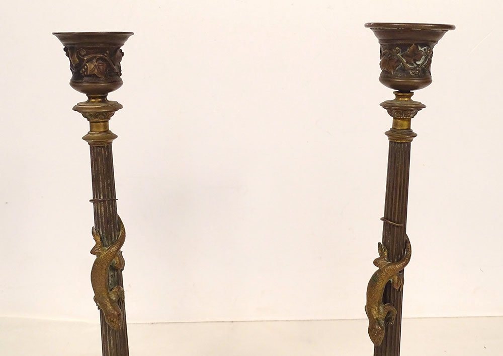 Pair Of Gilded Bronze Candlesticks With Salamander Lizards, Barbedienne, Napoleon III, 19th Century-photo-2