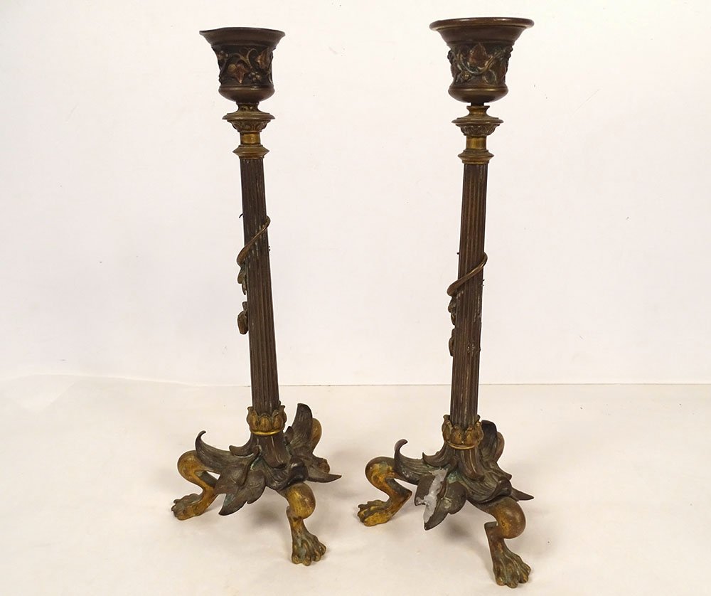 Pair Of Gilded Bronze Candlesticks With Salamander Lizards, Barbedienne, Napoleon III, 19th Century-photo-4