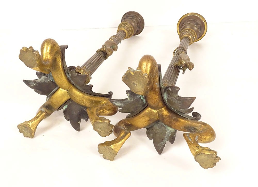 Pair Of Gilded Bronze Candlesticks With Salamander Lizards, Barbedienne, Napoleon III, 19th Century-photo-6