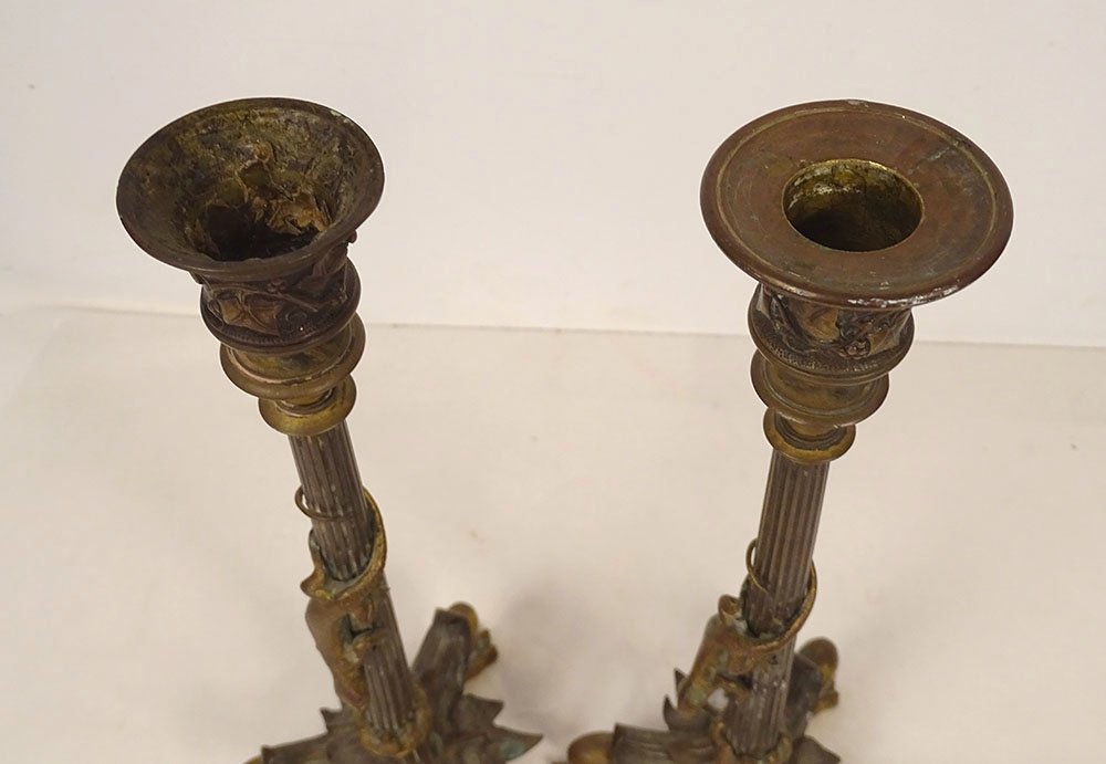 Pair Of Gilded Bronze Candlesticks With Salamander Lizards, Barbedienne, Napoleon III, 19th Century-photo-7