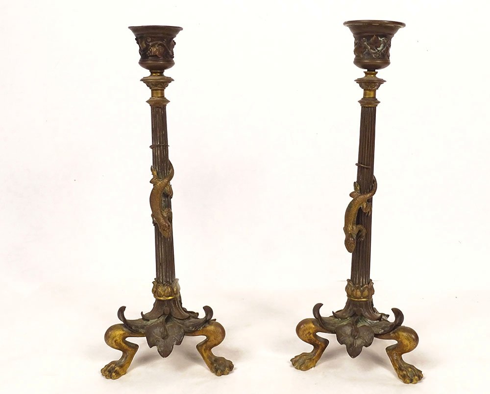 Pair Of Gilded Bronze Candlesticks With Salamander Lizards, Barbedienne, Napoleon III, 19th Century