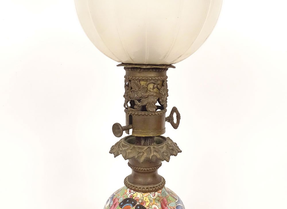 Lampe pétrole porcelaine chinoise personnages bronze globe Napoléon III 19è-photo-3