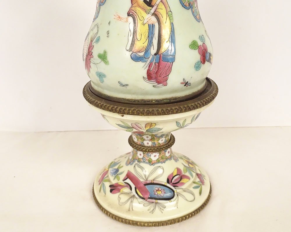 Lampe pétrole porcelaine chinoise personnages bronze globe Napoléon III 19è-photo-1