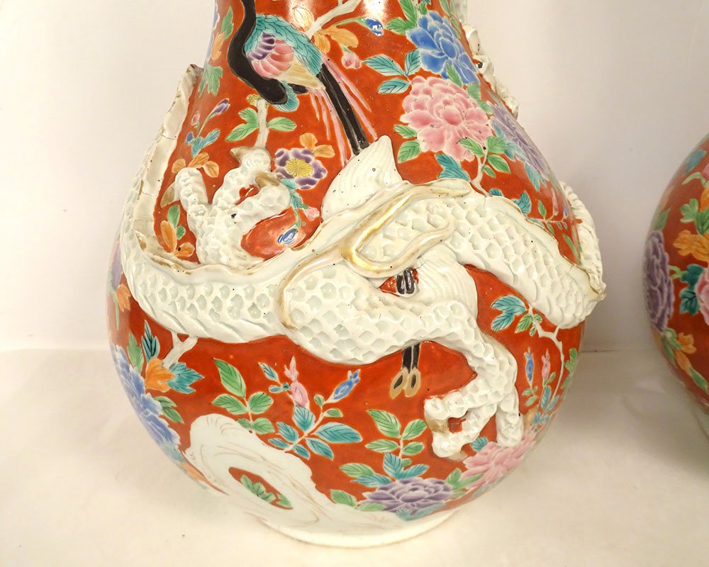 Paire vases porcelaine Arita Japon Hichozan Shinpo Monzaemon dragons XIXème-photo-3