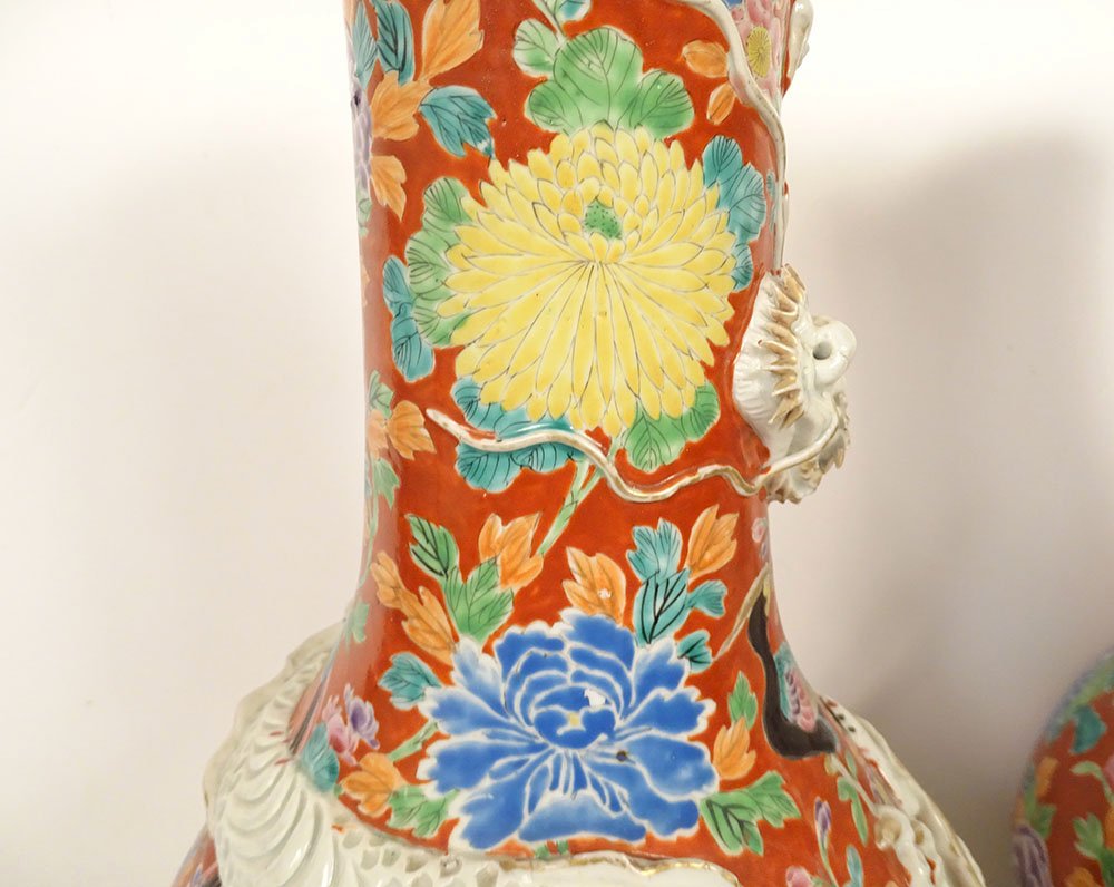 Paire vases porcelaine Arita Japon Hichozan Shinpo Monzaemon dragons XIXème-photo-4