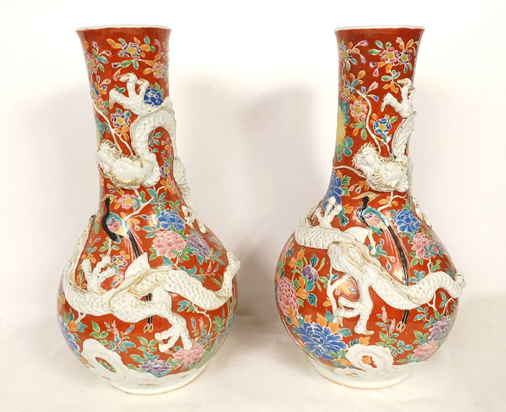 Paire vases porcelaine Arita Japon Hichozan Shinpo Monzaemon dragons XIXème