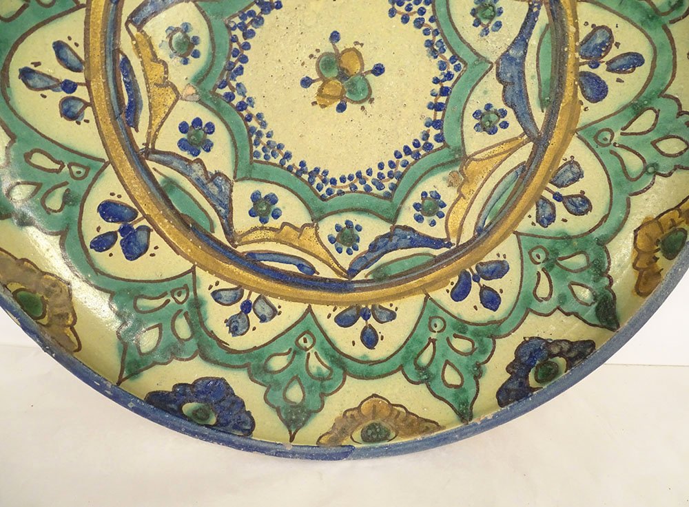 Large Round Polychrome Earthenware Dish With Rosette And Floral Motifs, Morocco, Maghreb, Fez, Late 19th Century-photo-4