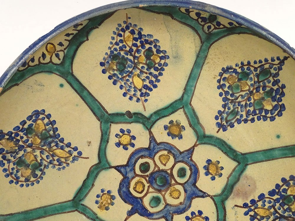 Large Round Polychrome Earthenware Dish With Rosette And Floral Motifs, Morocco, Maghreb, Fez, Late 19th Century-photo-2