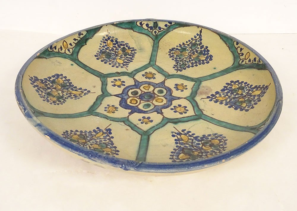 Large Round Polychrome Earthenware Dish With Rosette And Floral Motifs, Morocco, Maghreb, Fez, Late 19th Century-photo-1
