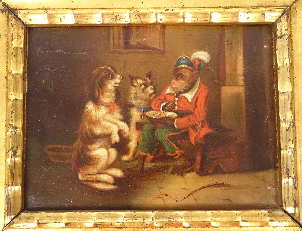 Petite HSP tableau scène humour singe savant chiens cadre doré XIXè siècle-photo-2