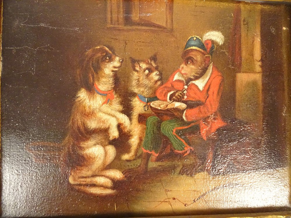 Petite HSP tableau scène humour singe savant chiens cadre doré XIXè siècle-photo-3