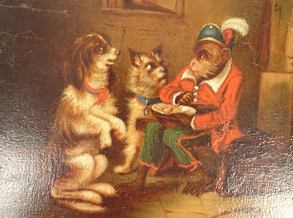 Petite HSP tableau scène humour singe savant chiens cadre doré XIXè siècle-photo-4