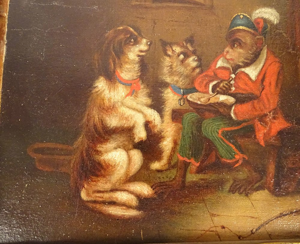 Petite HSP tableau scène humour singe savant chiens cadre doré XIXè siècle-photo-2