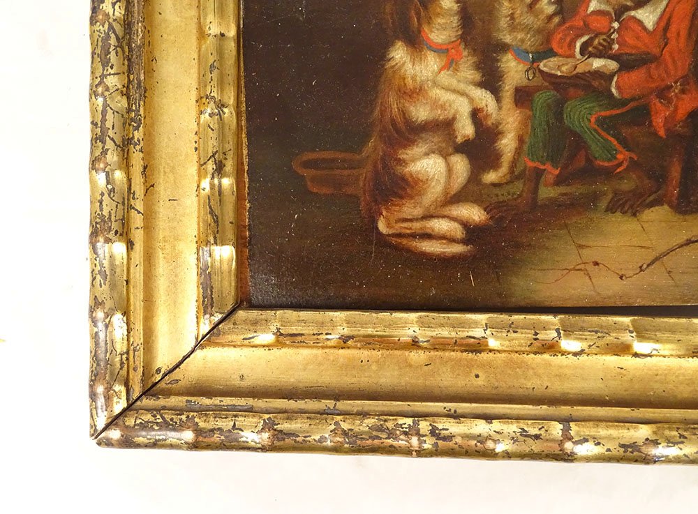 Petite HSP tableau scène humour singe savant chiens cadre doré XIXè siècle-photo-4