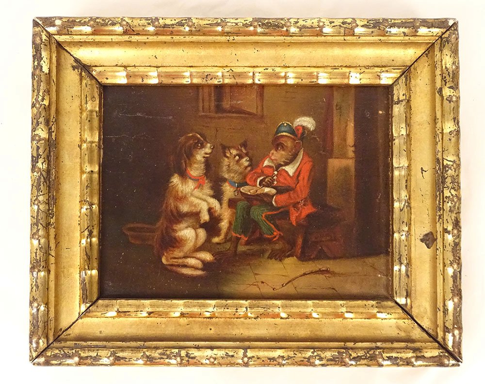 Petite HSP tableau scène humour singe savant chiens cadre doré XIXè siècle