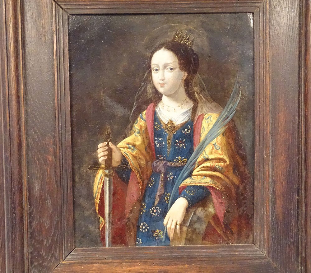 Hsc St. Catherine Of Alexandria, Sword, Palm, Crown, Spanish School, 17th Century-photo-2