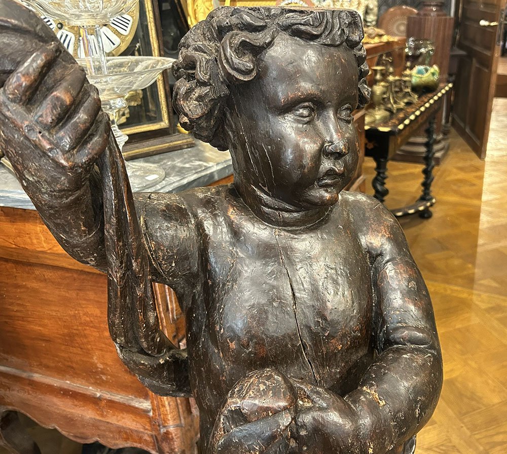 Grande sculpture baroque bois ange putto chérubin élément retable XVIIème-photo-3