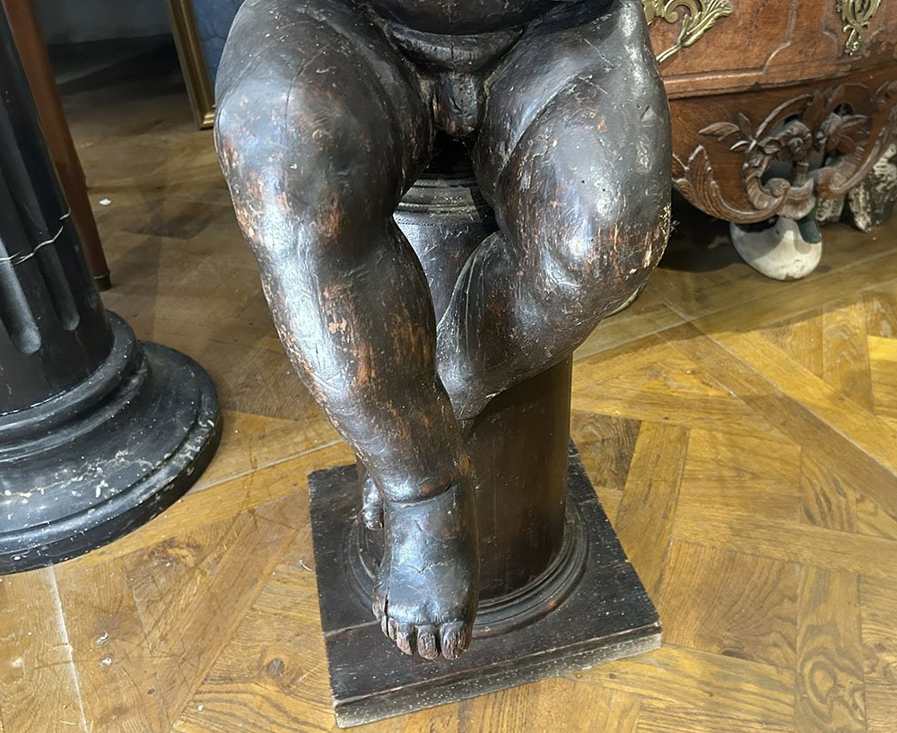 Grande sculpture baroque bois ange putto chérubin élément retable XVIIème-photo-2