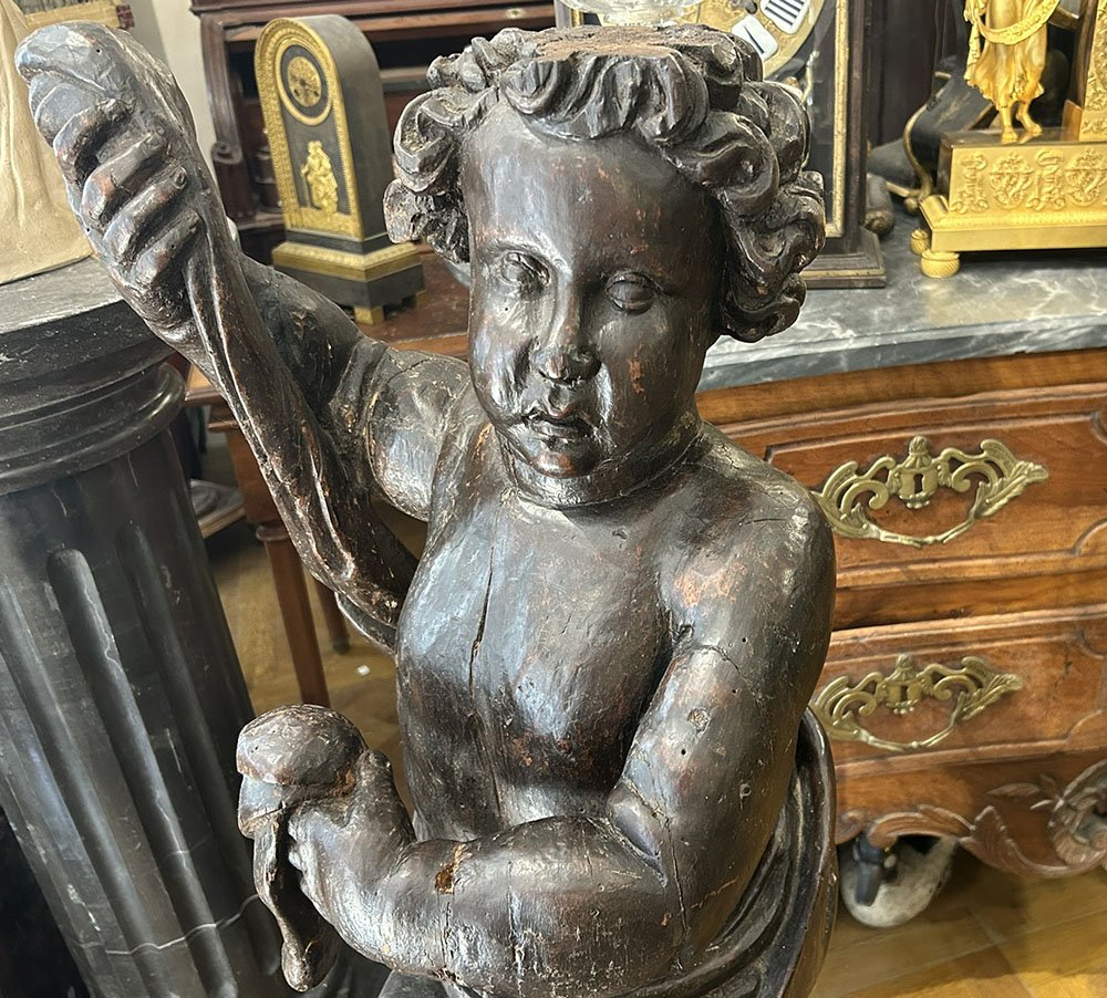 Grande sculpture baroque bois ange putto chérubin élément retable XVIIème-photo-3