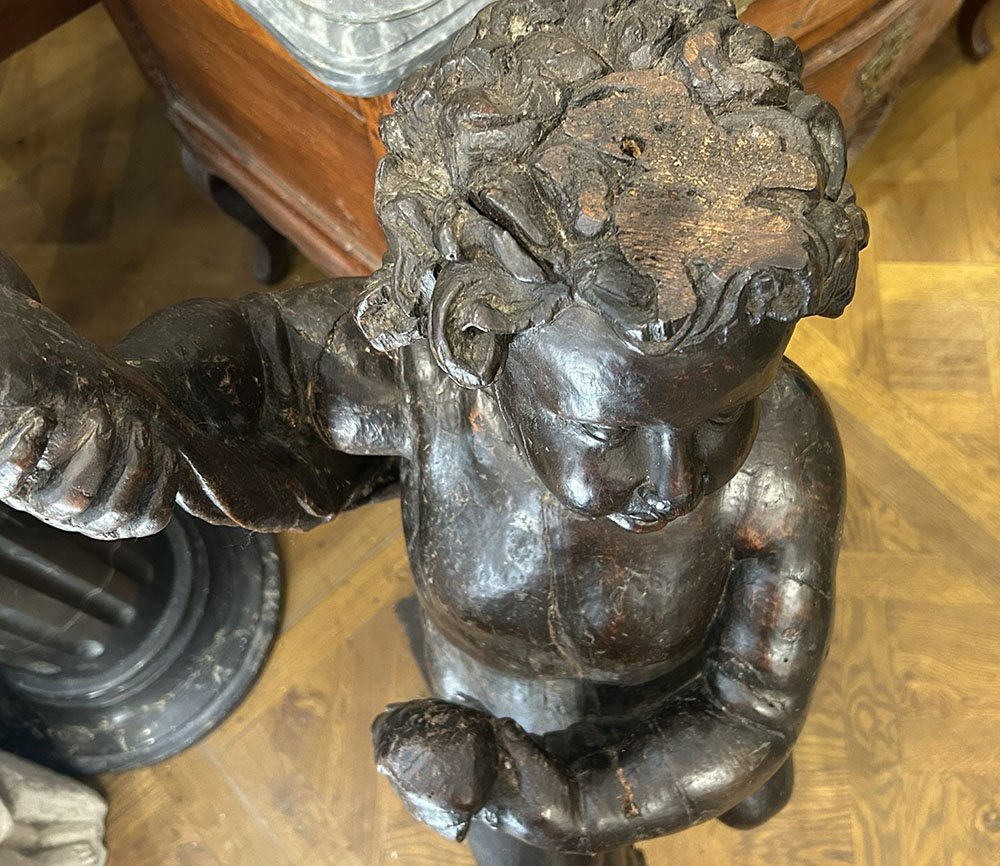 Grande sculpture baroque bois ange putto chérubin élément retable XVIIème-photo-4