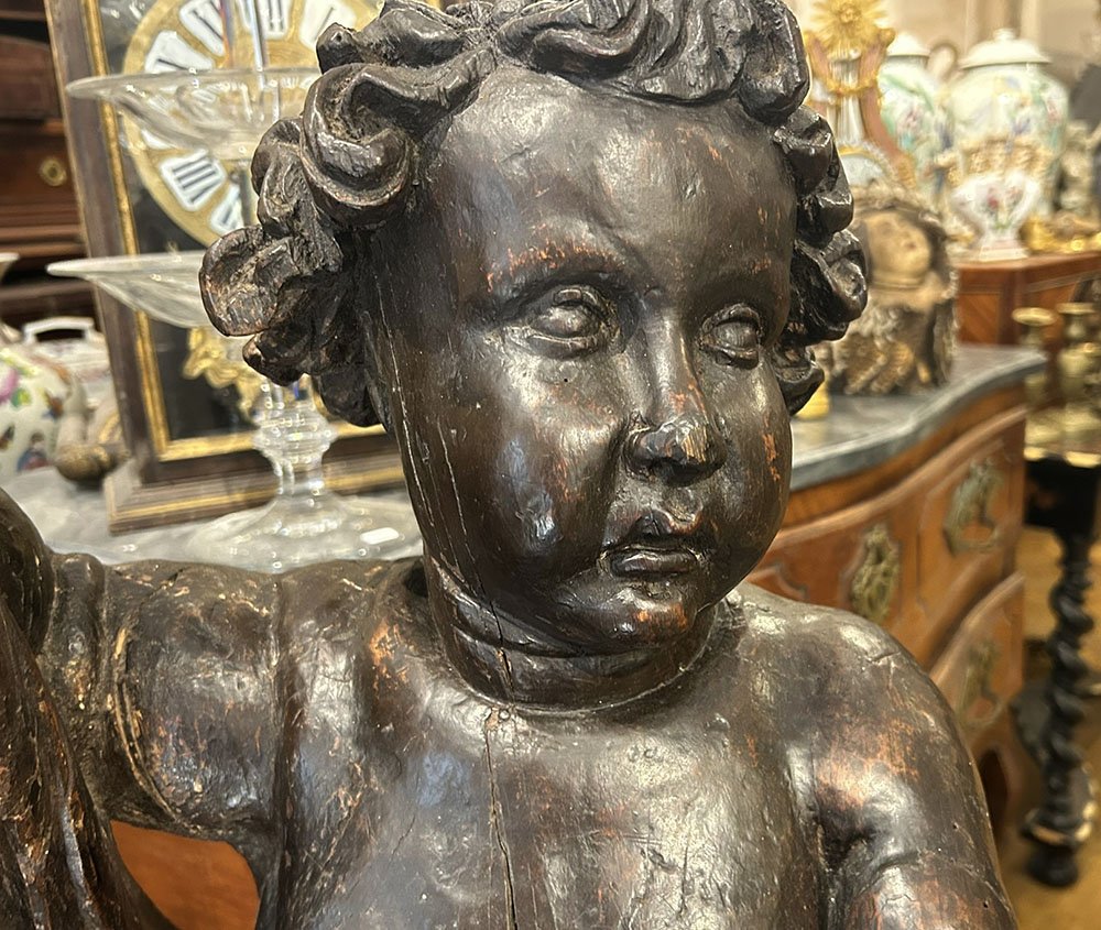 Grande sculpture baroque bois ange putto chérubin élément retable XVIIème-photo-5