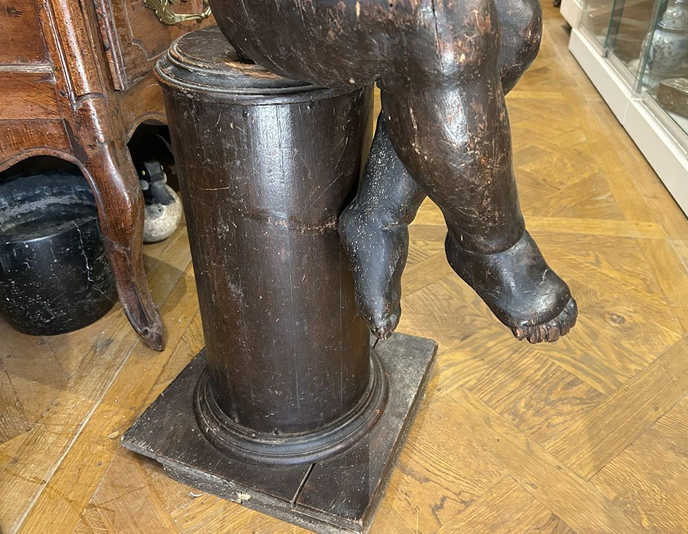 Grande sculpture baroque bois ange putto chérubin élément retable XVIIème-photo-7