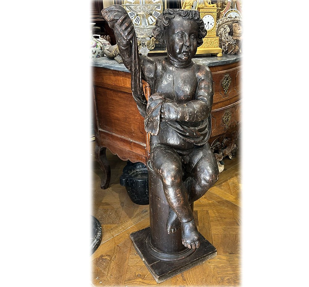 Grande sculpture baroque bois ange putto chérubin élément retable XVIIème