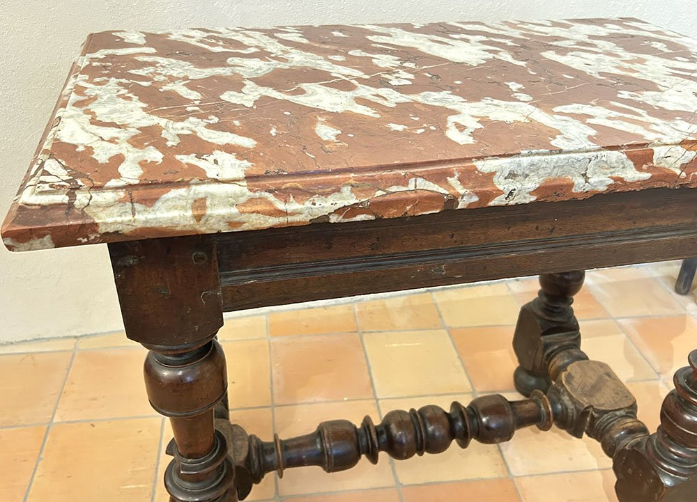 Small Louis XIII-style Kitchen Table, Carved Walnut With Crimson Marble, 17th Century-photo-2